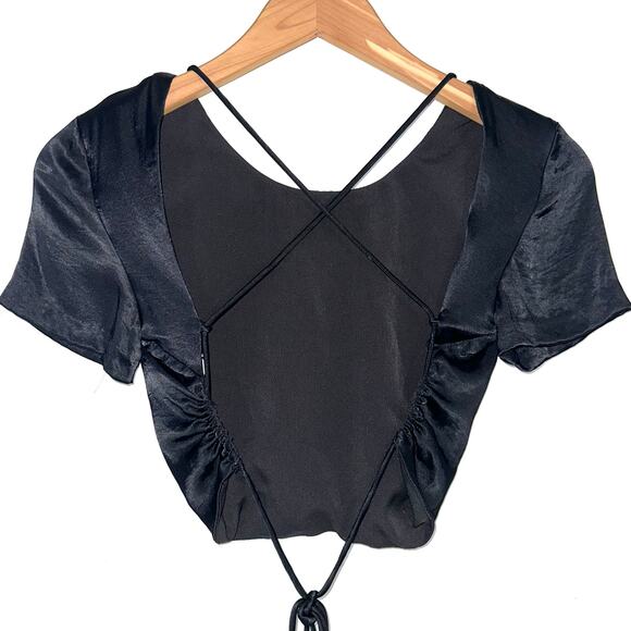 Zara Black Satin Open Back Strappy Criss Cross Crop Top Size XS - Picture 6 of 14